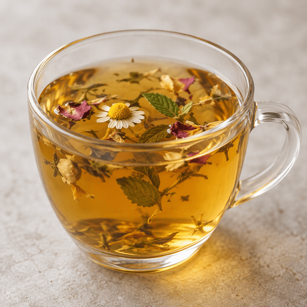 A clear golden-amber herbal infusion sits in a cup, with a few small leaves and flower petals visible near the surface.