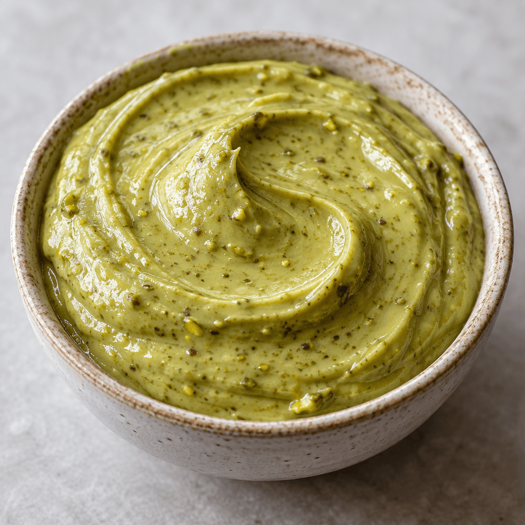 A thick, smooth, pale green pistachio cream sits in a small bowl, with fine darker green flecks and a soft sheen.