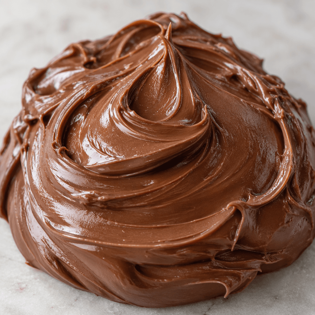 A thick, smooth, glossy chocolate-brown spread sits in a soft mound with gentle swirls across its surface.