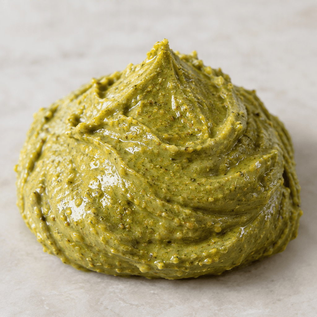 A thick, smooth pistachio-green paste with a slightly glossy surface, fine ground-nut texture, and a soft mound-like form.