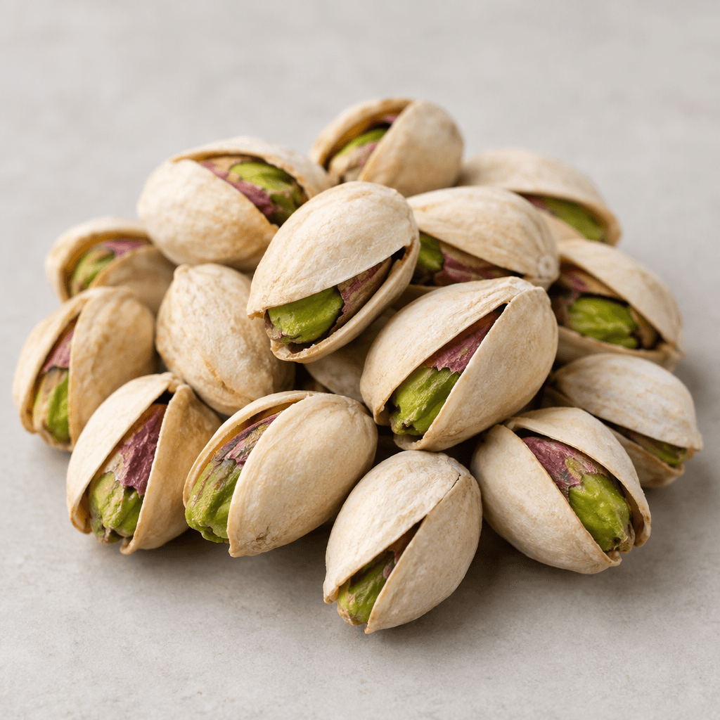 A small pile of oval pistachios in pale beige, naturally split shells, with vivid green kernels edged in reddish-purple visible through the openings.