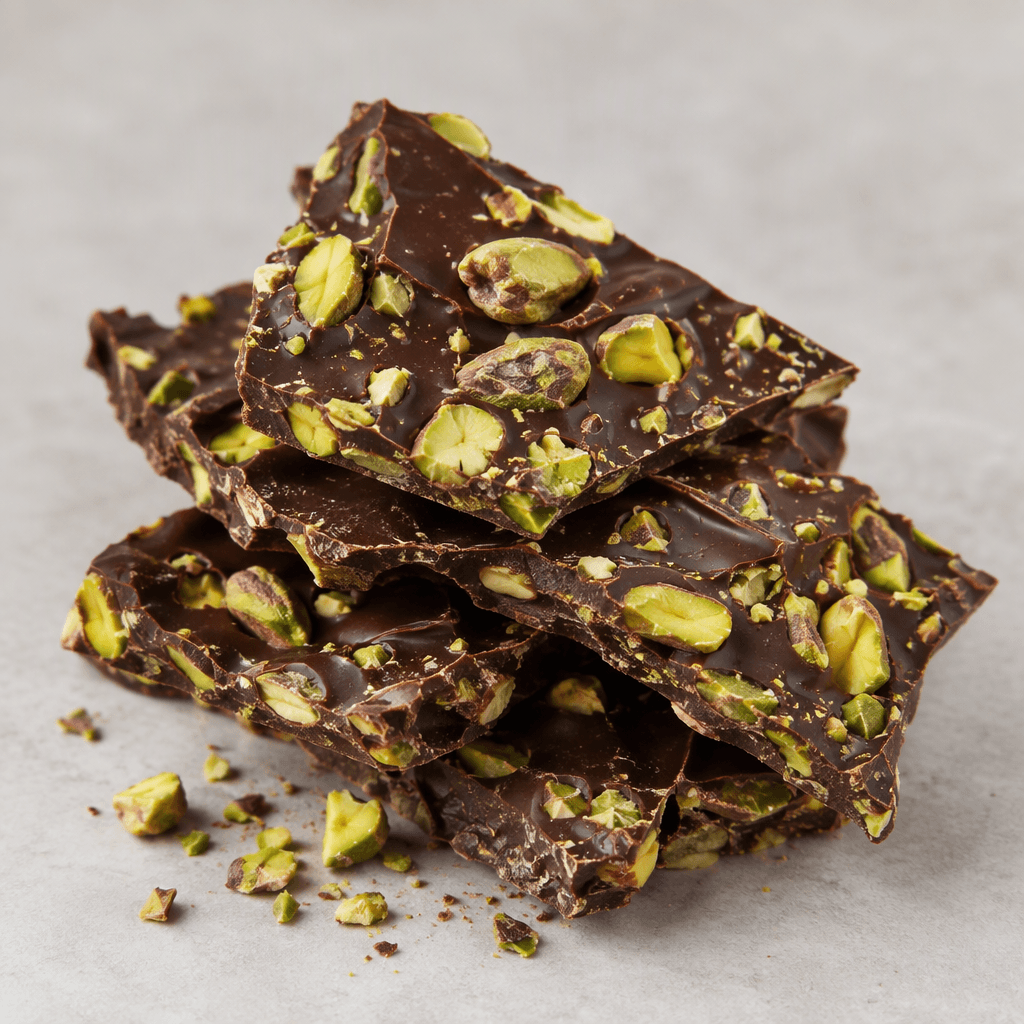 Irregular shards of glossy deep brown dark chocolate are studded with abundant pale green pistachio pieces, arranged on a plain surface with a few crumbs scattered nearby.