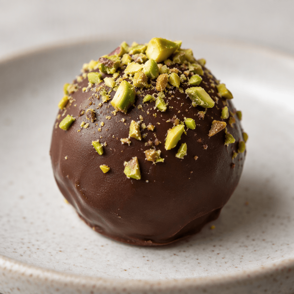 A small round chocolate truffle with a smooth dark-brown coating, topped with finely chopped green pistachios and arranged on a plate.