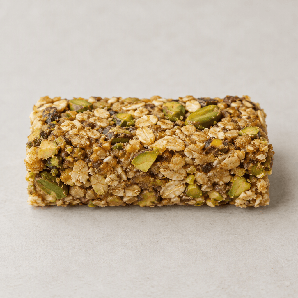 A compact rectangular granola bar with a golden-brown, rough-textured surface, visibly studded with green pistachio pieces and oat flakes, with slightly crumbly edges, resting on a plain surface.