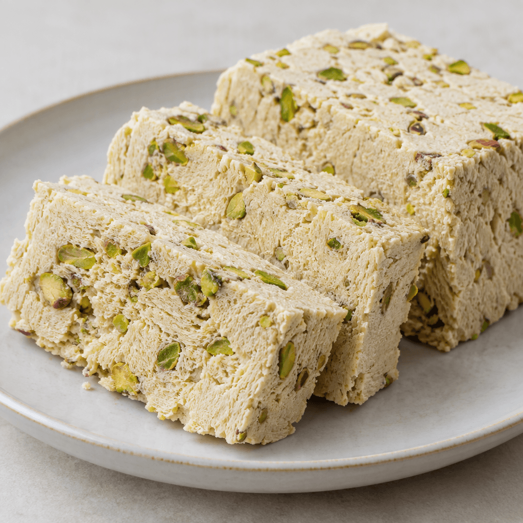 Dense, crumbly pale cream halva with a fine fibrous texture and scattered chopped pistachios throughout, cut into thick rectangular slices and arranged on a plate.