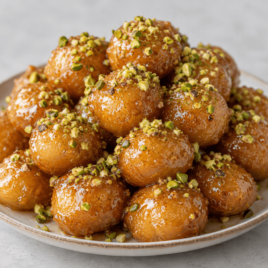 Small, round, golden-brown dough bites with a glossy syrup coating are piled on a plate and scattered with finely chopped green pistachios.