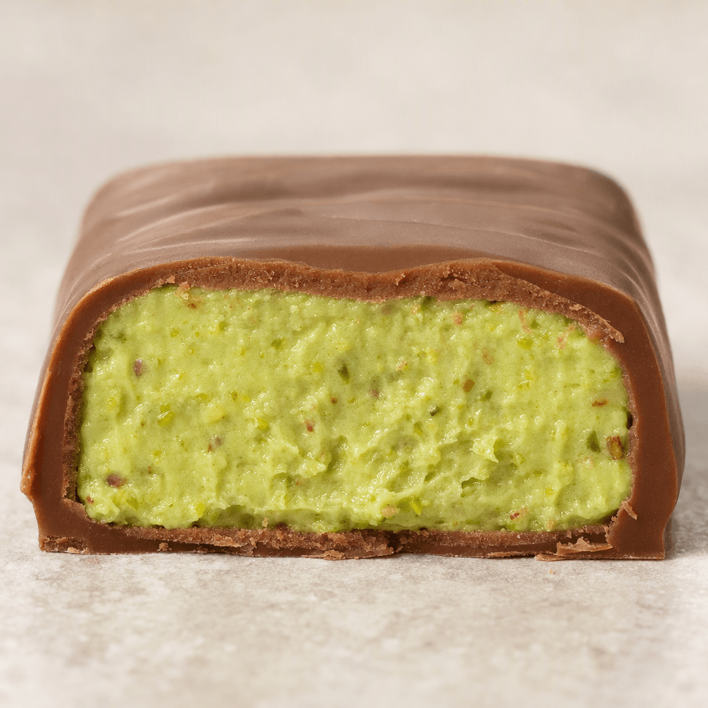A rectangular chocolate-coated sweet is shown cut open, revealing a pale green, creamy pistachio filling with fine nutty flecks beneath its smooth brown coating.
