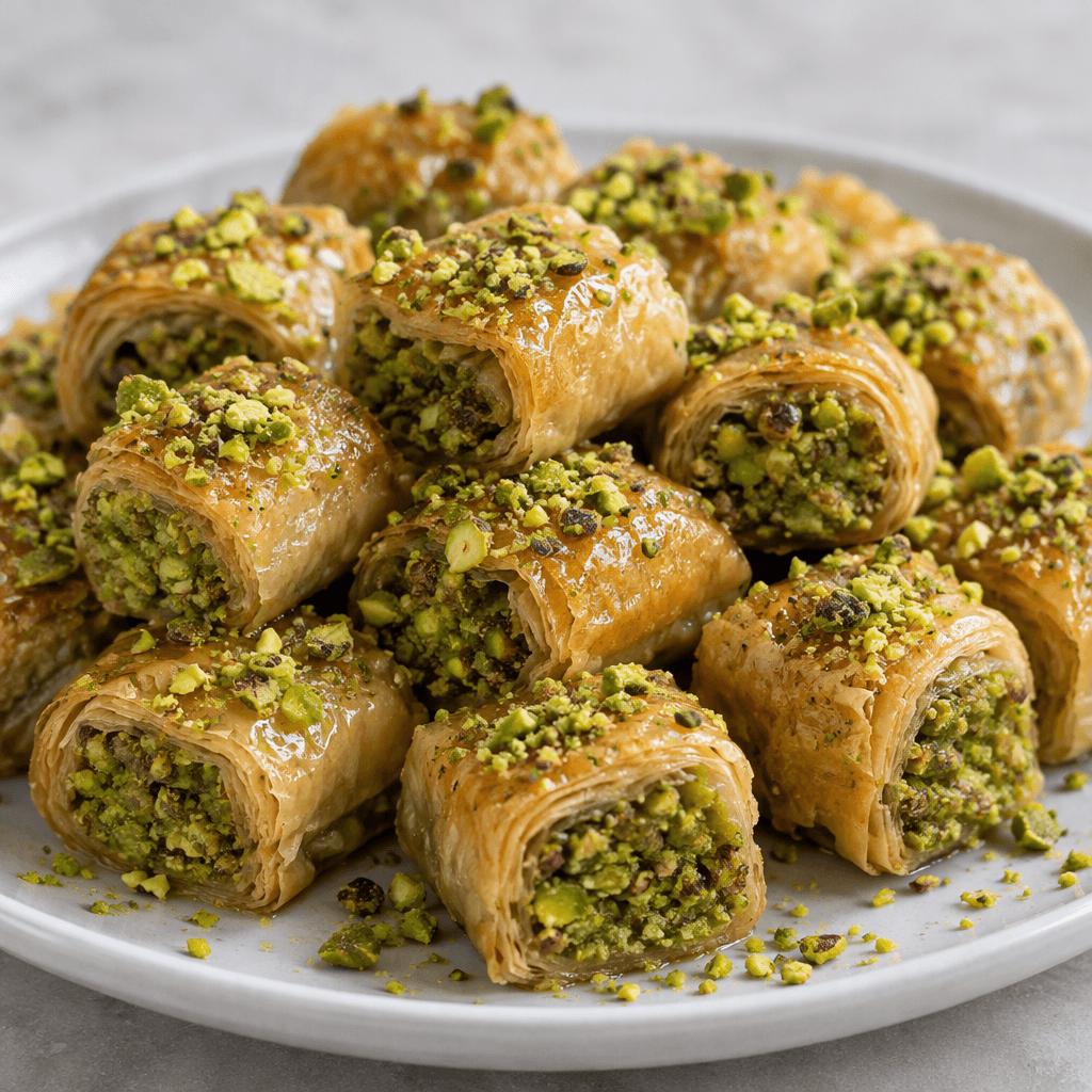 Short, tightly rolled cylinders of thin golden pastry are packed with vivid green crushed pistachios, with finely chopped pistachios scattered over the glossy tops and the pieces arranged closely on a plate.