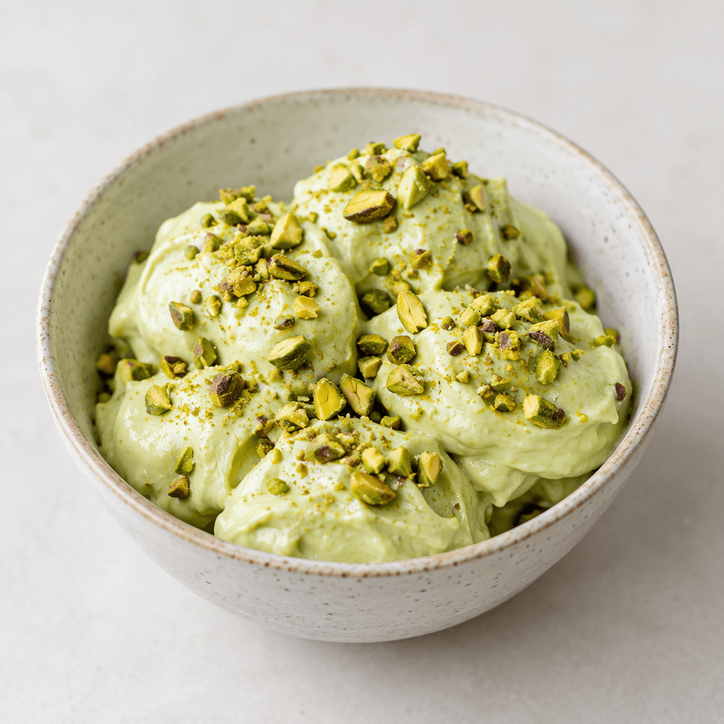 Small portions of pale green, creamy dessert sit in a dish, topped with finely chopped pistachios.