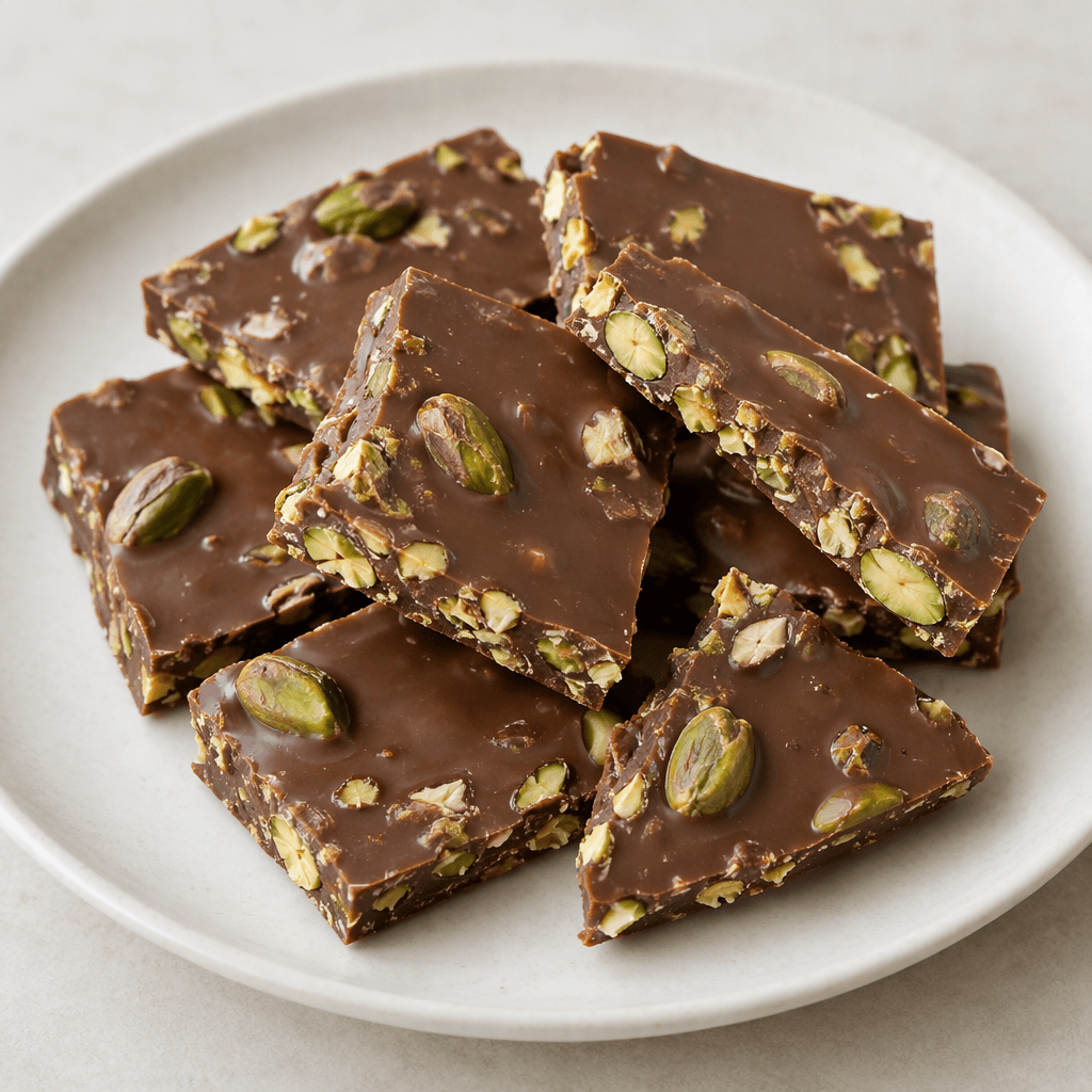 A smooth, glossy milk-chocolate bar broken into irregular rectangular pieces, with pale green pistachio kernels and small beige pistachio fragments visibly embedded throughout the brown surface and along the broken edges, arranged on a plain plate.