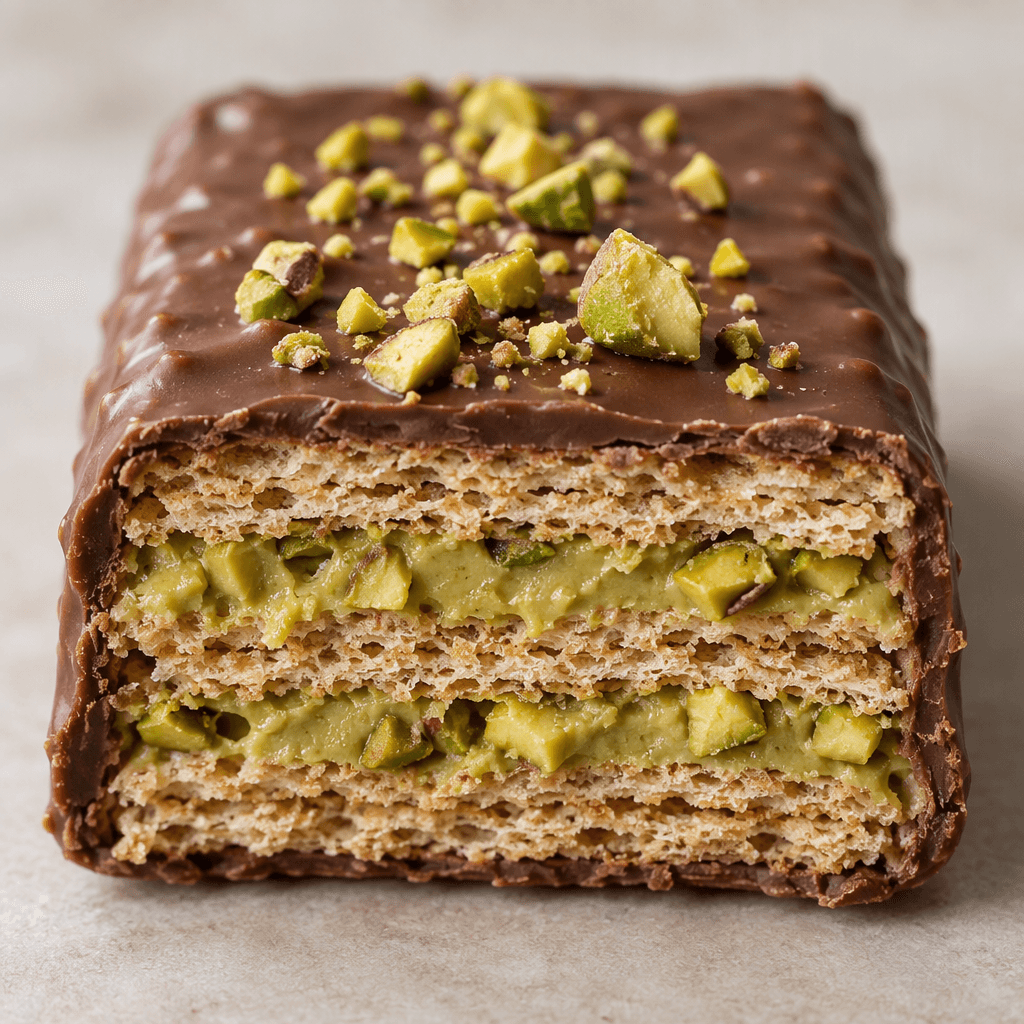 A rectangular chocolate-coated bar is shown cut open, revealing thin crisp wafer layers and pale green pistachio filling beneath its smooth brown shell, with a few chopped pistachio pieces on top.