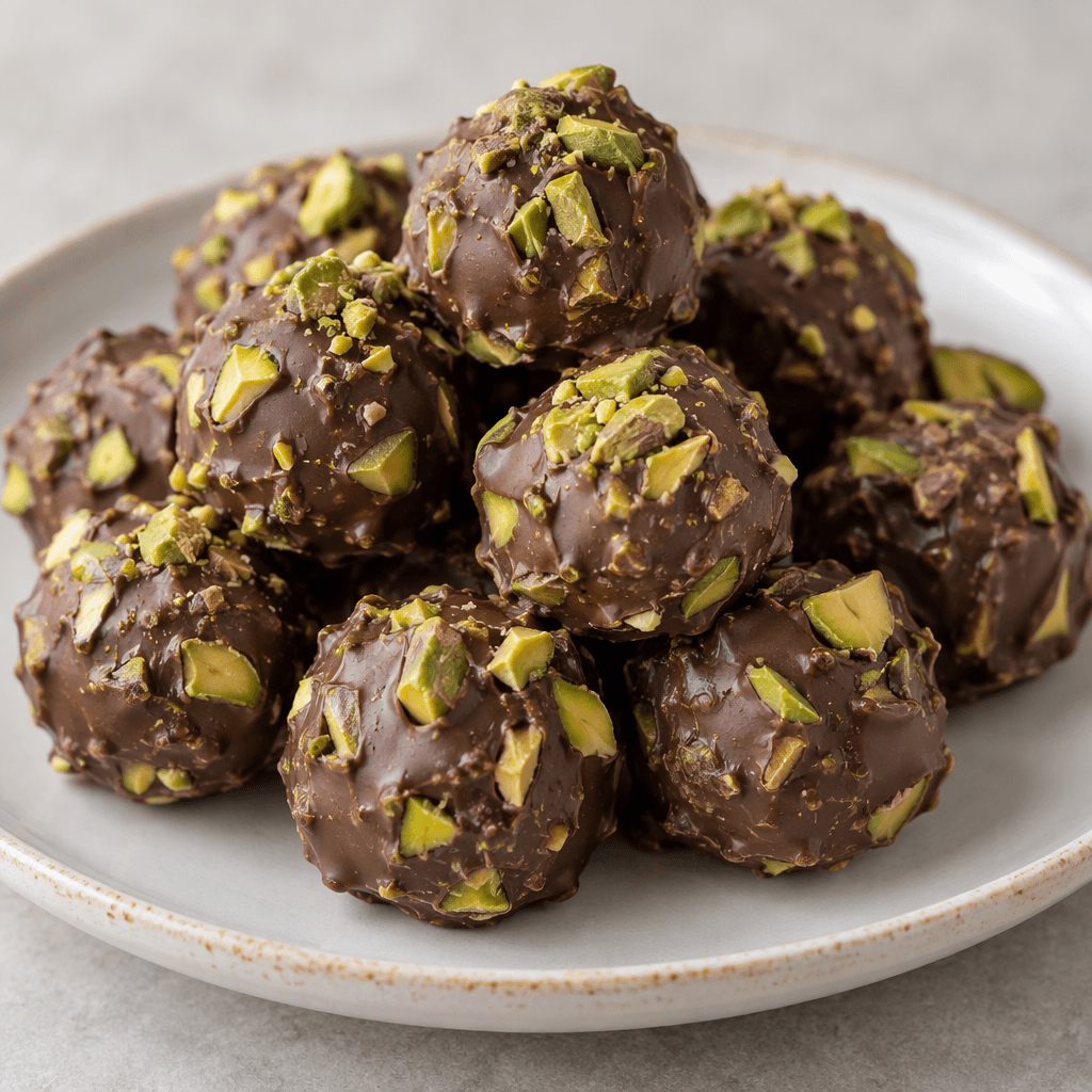 Small, bite-sized rounded pieces of dark brown chocolate with green pistachio pieces visible on their surfaces, arranged together on a plate.