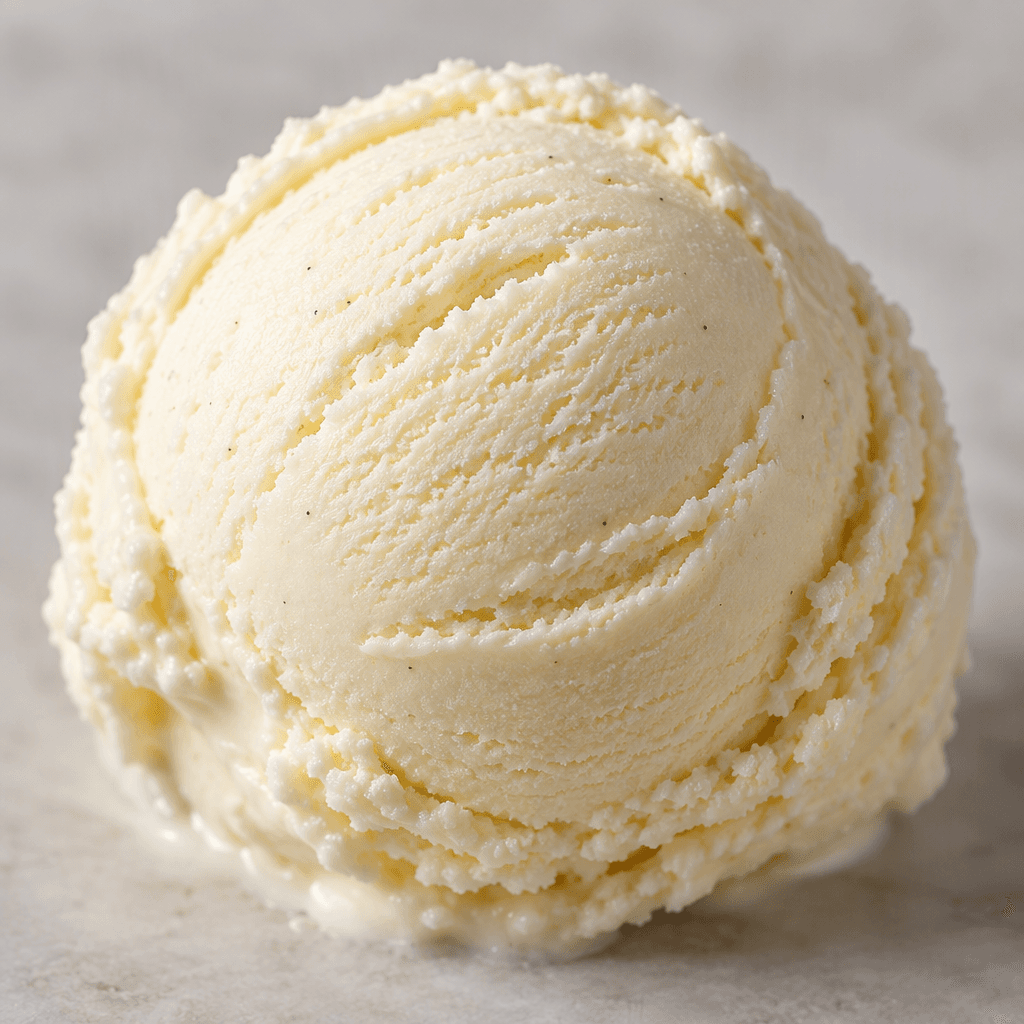 A rounded scoop of pale ivory ice cream with a dense, smooth surface and soft curved ridges.