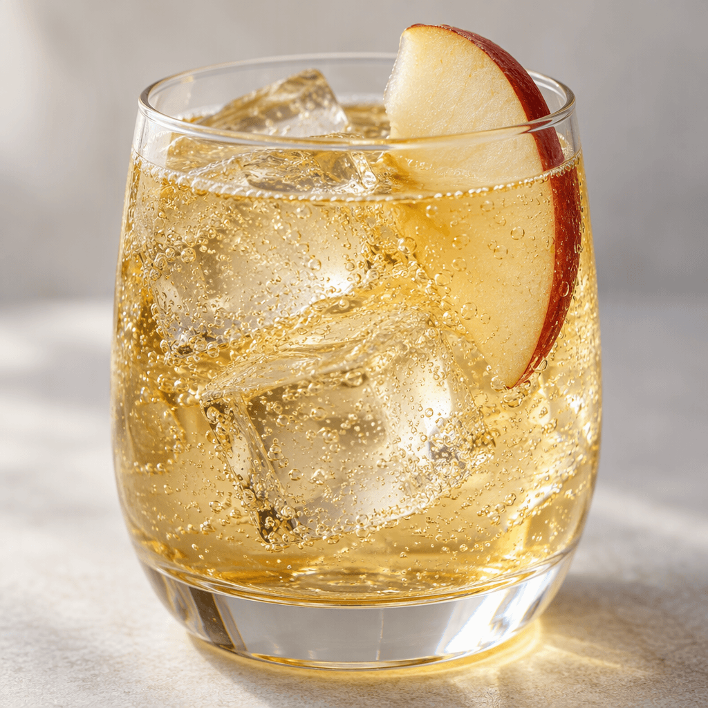 A clear, pale golden drink with fine bubbles and ice cubes, served in a glass with a thin apple slice at the rim.