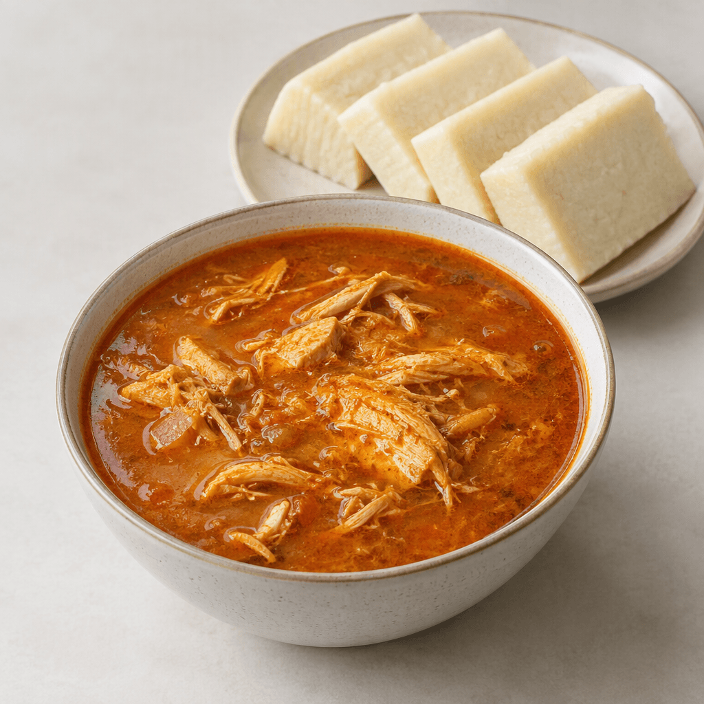 A deep bowl holds a glossy reddish-orange broth with visible strands and small pieces of shredded chicken, served beside a plate of smooth, firm pale-cream dough cut into neat rectangular pieces.