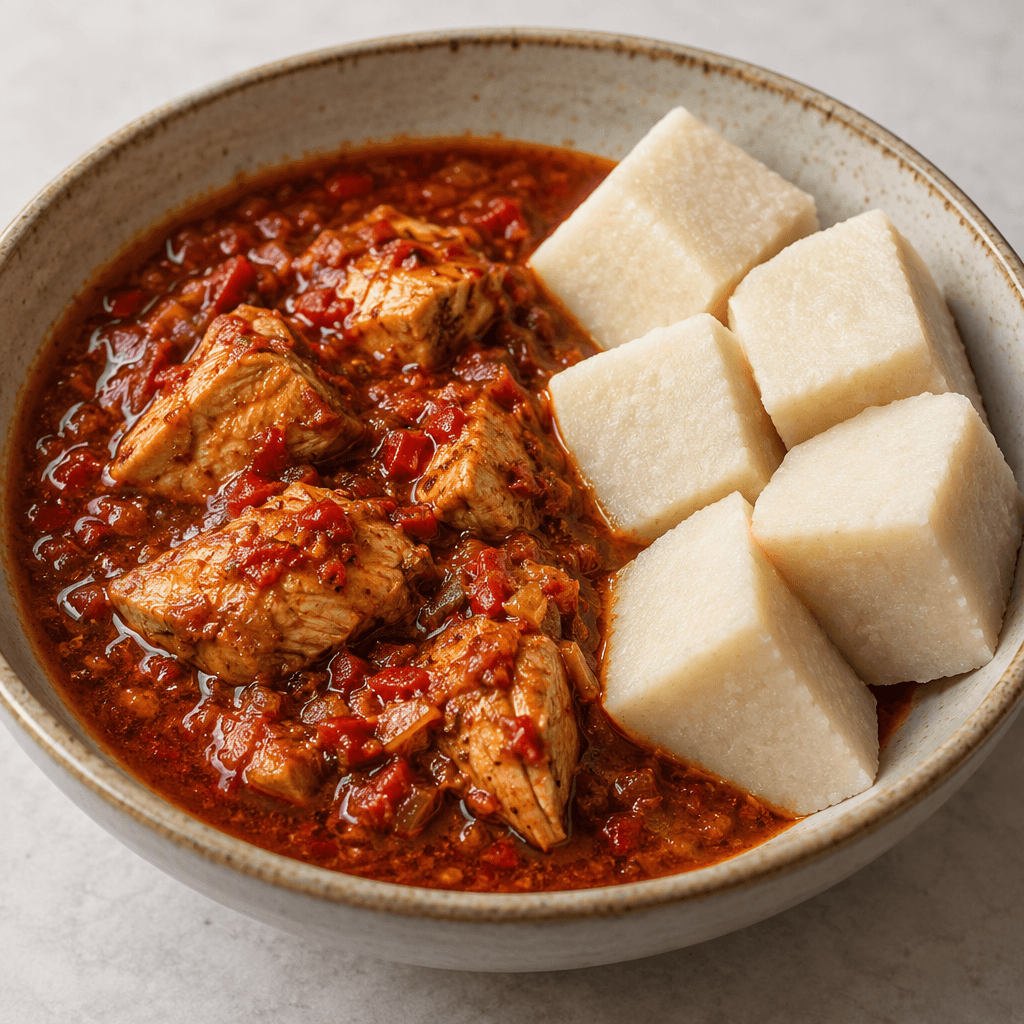 A deep brick-red broth with small pieces of chicken and flecks of red pepper is served in a bowl beside a smooth, firm pale-beige slab of dough cut into neat cubes.