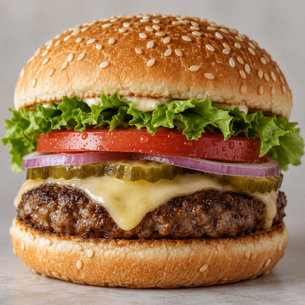 A round burger sits in a soft, lightly toasted sesame-seed bun, with a browned beef patty, a slice of pale yellow cheese, green lettuce, red tomato, and thin onion and pickle slices visible between the halves.