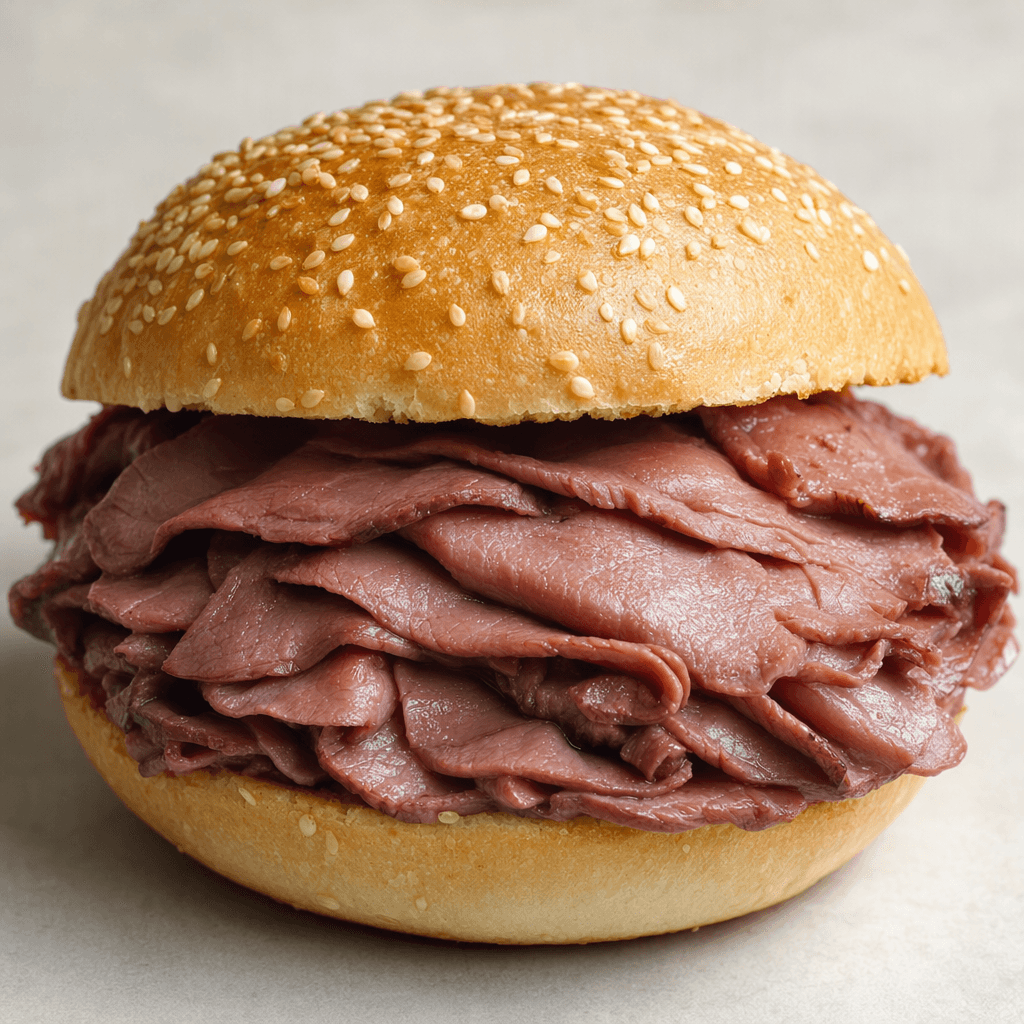A soft, lightly browned sesame-seed bun holds a generous double layer of thin, loosely folded slices of deep reddish-brown beef, with the meat peeking out around the edges.