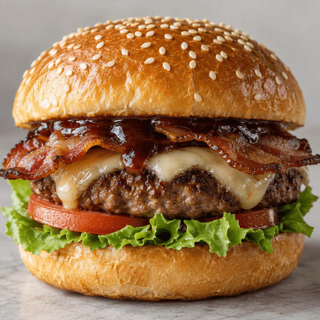 A round burger with a glossy sesame-seed bun enclosing a browned beef patty, pale melted cheese, strips of bacon, lettuce, tomato, and dark barbecue sauce, with the fillings visible between the bun halves.