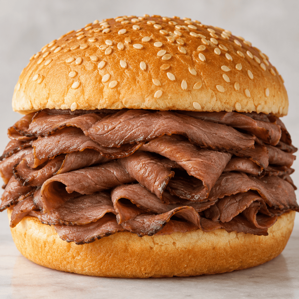 A large round, lightly browned bun sprinkled with sesame seeds holds a generous stack of thin, folded slices of reddish-brown roast beef, with the meat visible around the edges.
