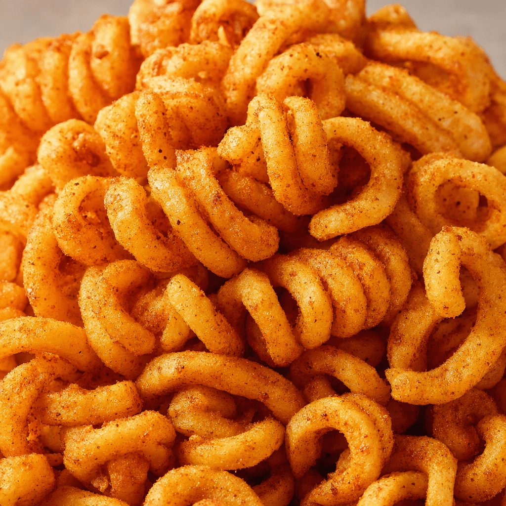 A pile of golden-orange fries with a ridged surface, each cut into a tight curl or spiral, with a light dusting of reddish seasoning.