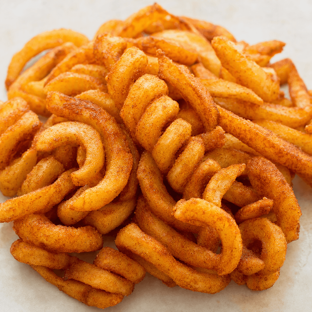 A pile of thick, curled fries with ridged, twisted shapes, golden-brown surfaces, and a light dusting of reddish seasoning.
