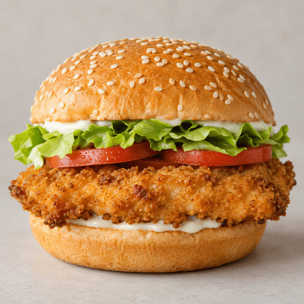 A golden-brown breaded chicken fillet with crisp, uneven edges sits in a soft sesame-seed bun with pale mayonnaise, green lettuce, and red tomato slices visible beneath the top half.