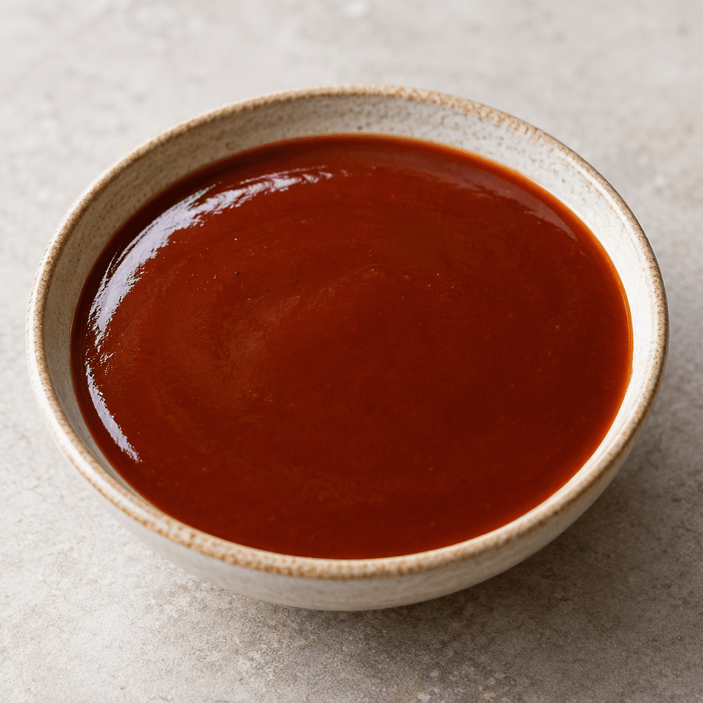 A smooth, glossy, pourable reddish-brown sauce sits in a small shallow dish, with an even surface and no visible pieces.