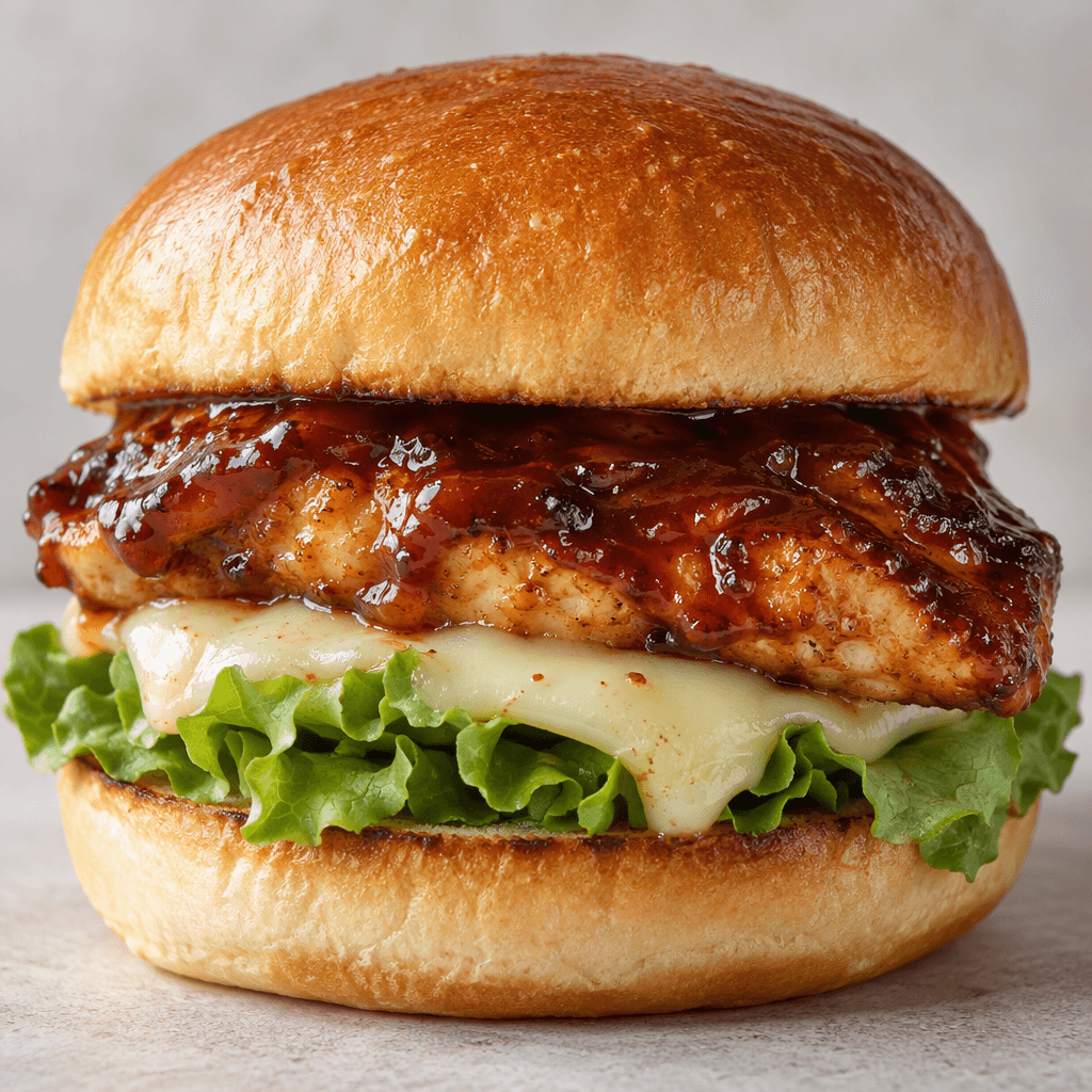 A golden-brown chicken fillet coated in glossy dark barbecue sauce sits in a soft, lightly toasted burger bun, with green lettuce and pale melted cheese visible beneath it.