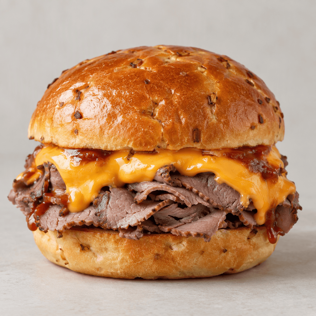 A soft, glossy, brown onion bun holds a generous layer of thinly sliced roast beef, partly covered with vivid orange cheese sauce and a streak of reddish sauce that shows at the edges.