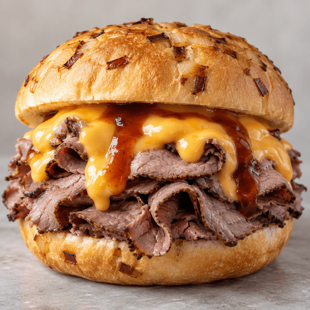A soft, golden-brown onion bun holds a generous mound of thin, folded roast beef, topped with glossy orange cheese sauce and a streak of reddish-brown sauce.