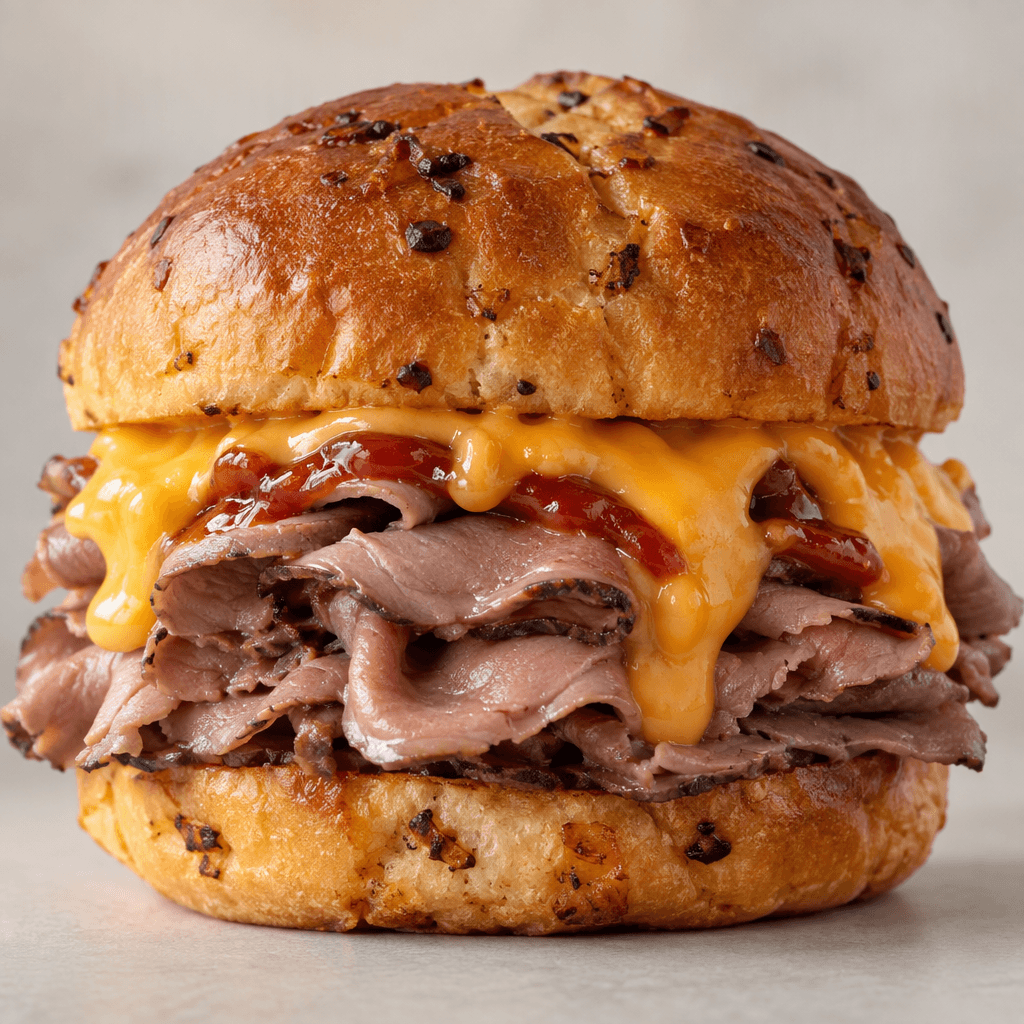 A soft, dark reddish-brown onion bun holds a generous mound of thinly sliced pinkish-brown roast beef, with glossy orange cheese sauce and a streak of red sauce visible between the layers.