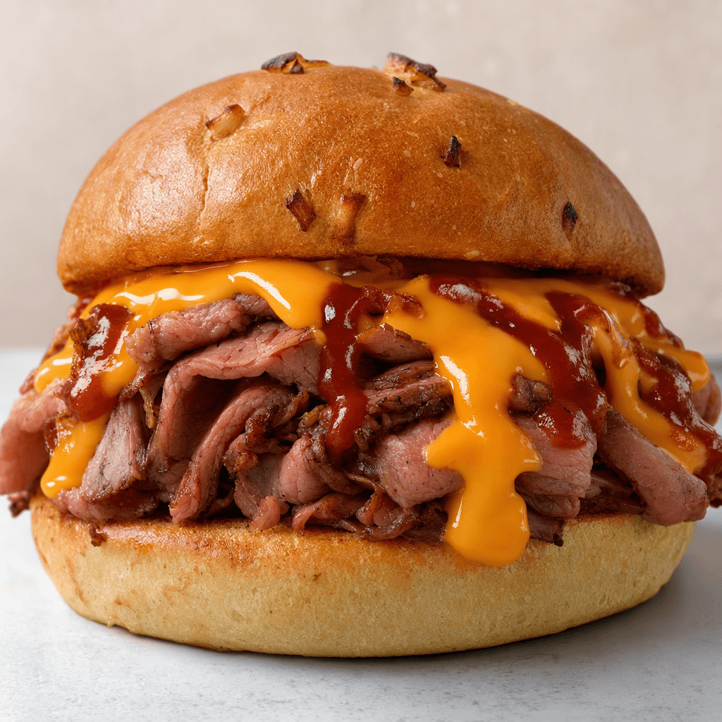 A soft, rounded brown onion bun holds a mound of thinly sliced pinkish-brown roast beef, partly covered with glossy orange cheese sauce and streaks of reddish-brown sauce.