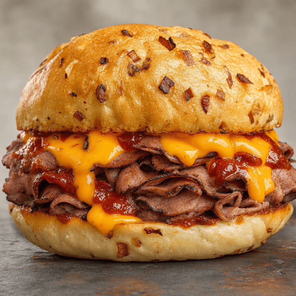 A large sandwich in a soft, rounded bun dotted with onion pieces, with thin folds of brown roast beef, vivid orange cheese sauce, and a reddish sauce visible between the halves.