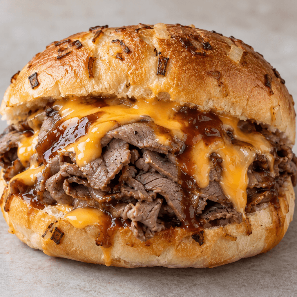 A large, soft, oval brown onion roll is split open around a thick mound of thinly sliced gray-brown roast beef, with glossy orange cheese sauce and a reddish-brown sauce draped over the meat and visible along the bun.