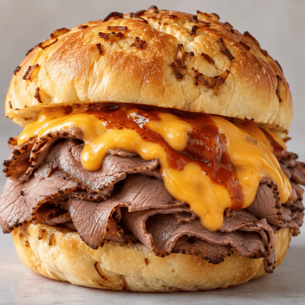 A large, soft, lightly browned onion bun holds a generous pile of thin, folded brown roast-beef slices, partly covered with thick orange cheese sauce and a streak of glossy reddish sauce.