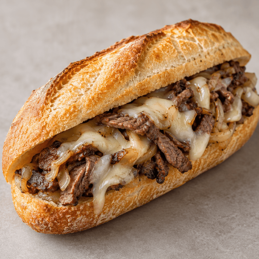 A small, golden-brown baguette with a lightly crisp crust is split lengthwise and filled with thin slices of browned steak, pale melted cheese, and visible onion pieces, with the filling peeking out from the edges.