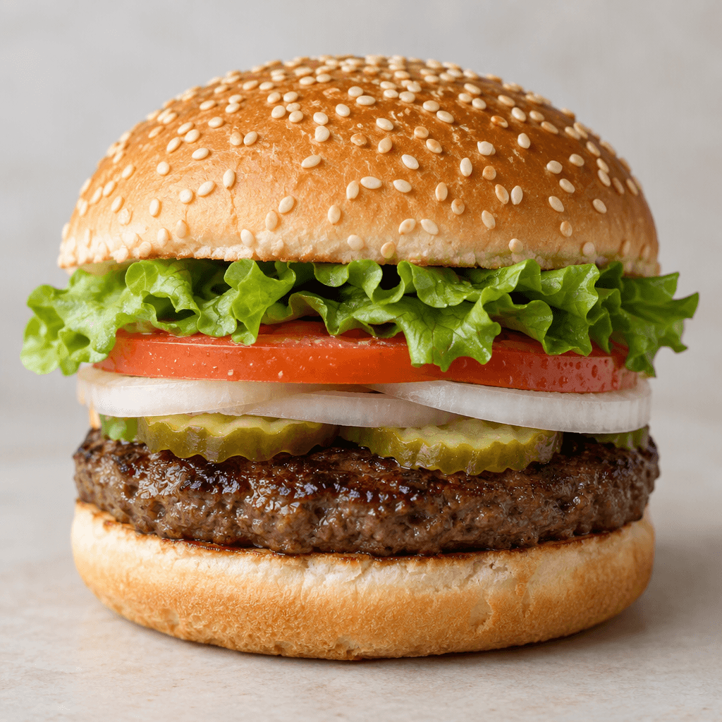 A round burger sits in a soft, lightly toasted sesame-seed bun, with a browned beef patty and layers of green lettuce, red tomato, pale onion and pickles visible between the halves.