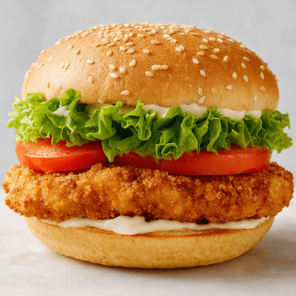 A crispy, golden-brown breaded chicken fillet is layered with green lettuce, red tomato slices, and pale mayonnaise inside a lightly toasted sesame-seed bun.
