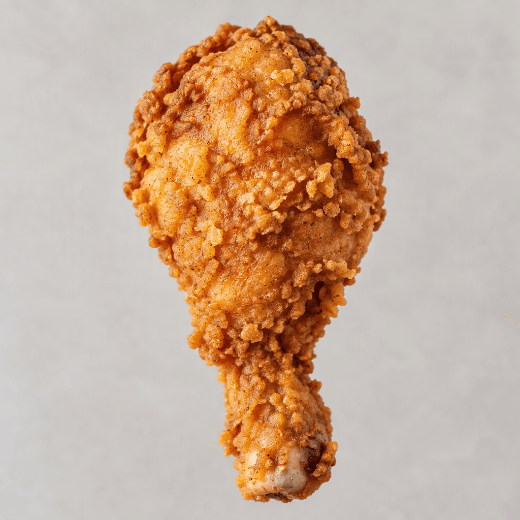 A single chicken drumstick with a thick, craggy golden-brown coating, narrowing to a small exposed bone at one end.