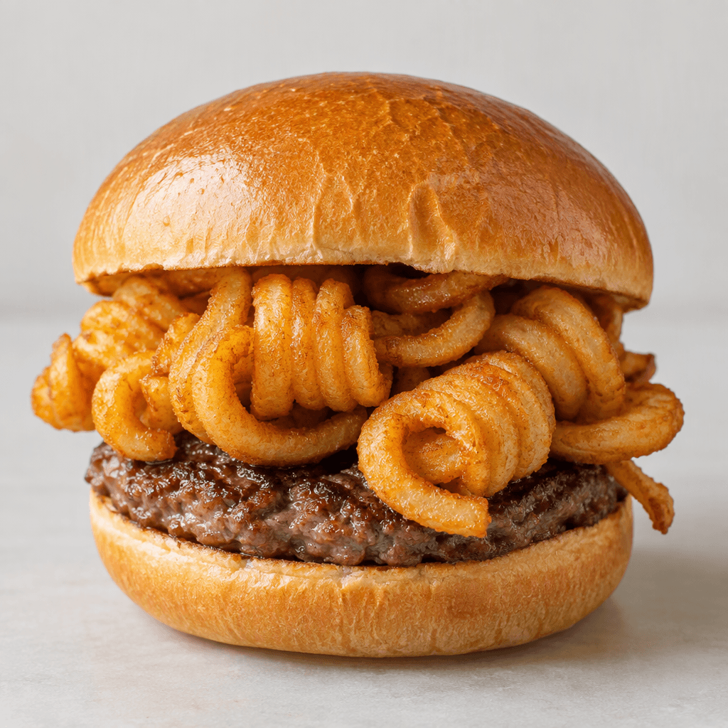 A round burger bun encloses a browned beef patty with golden spiral-cut fries piled visibly inside, their ridged curls protruding beyond the bun.