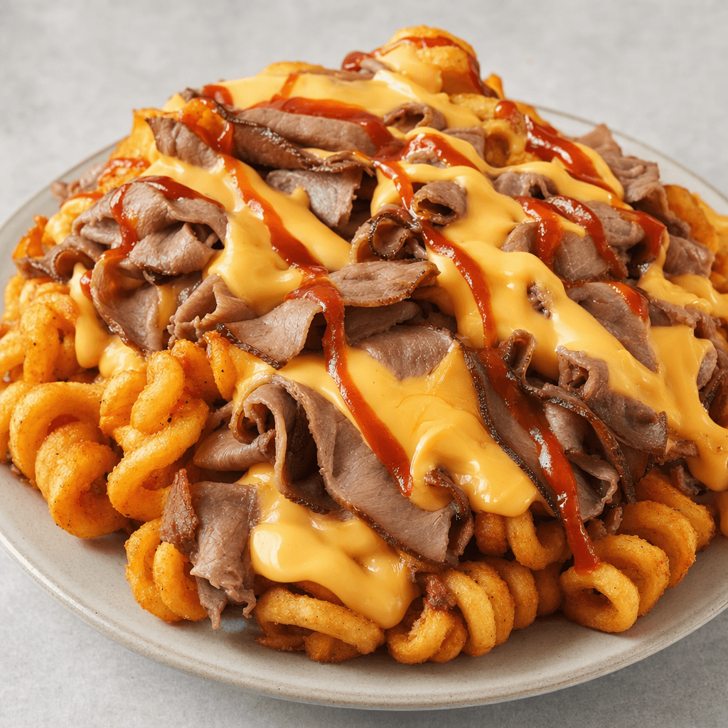 Golden, ridged curly fries are piled on a plate and topped with thin folds of brown roast beef, glossy pale-orange cheese sauce, and streaks of reddish sauce.