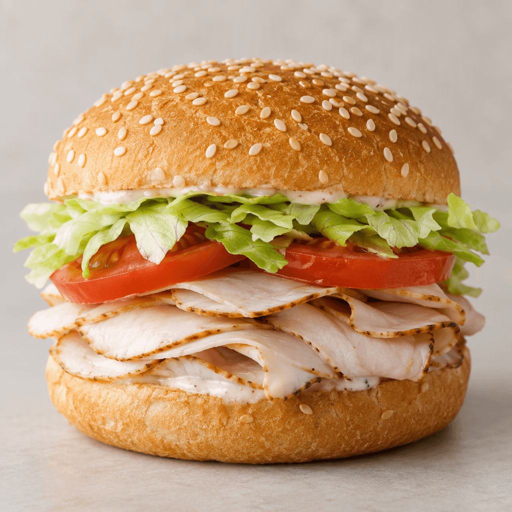 A sesame-seed bun holds layers of thinly sliced smoked turkey with pale lettuce, red tomato slices, and a light layer of creamy sauce visible at the edges.