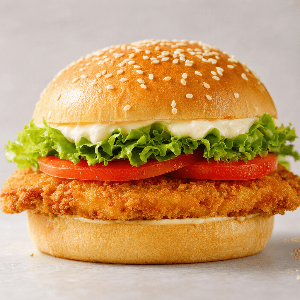 A golden-brown breaded chicken fillet sits in a soft sesame-seed bun with pale mayonnaise, crisp green lettuce, and red tomato slices visible beneath the top half.