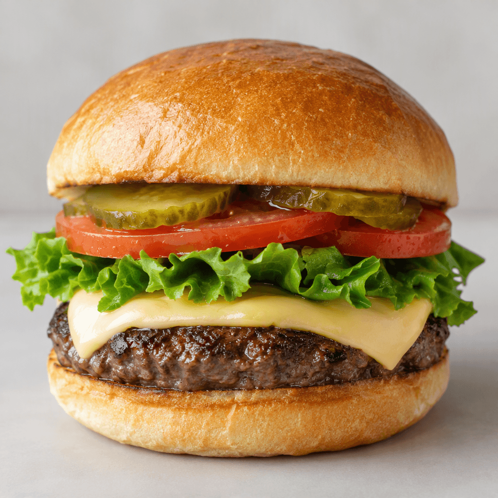 A round, lightly toasted bun holds a browned beef patty with a pale yellow cheese slice, green lettuce, red tomato, and pickle slices peeking out between the layers.
