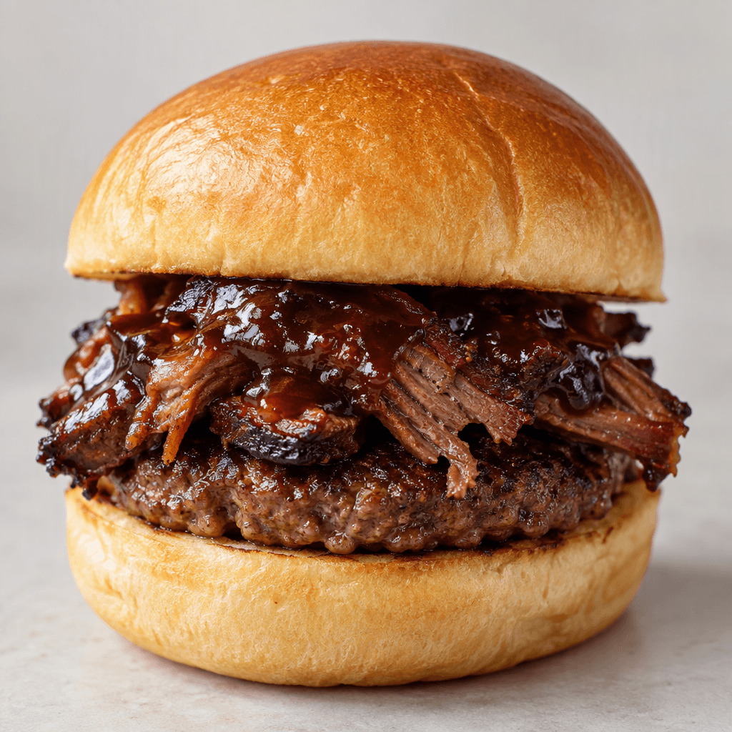 A round, lightly toasted bun holds a browned beef patty topped with dark barbecue-sauced rib meat, with the glossy sauce and meat visible beneath the top bun.