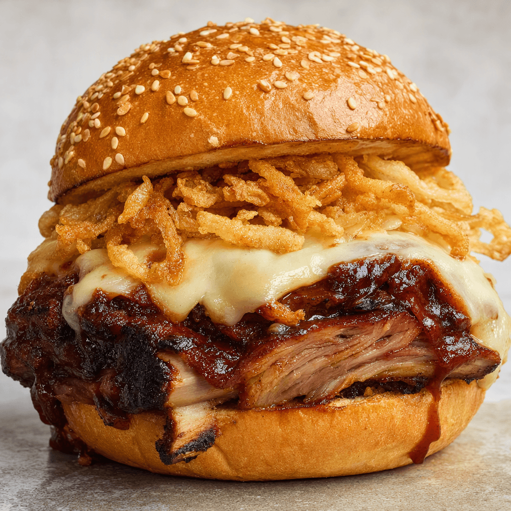 A toasted sesame-seed bun holds thick, dark barbecue-glazed pork rib meat, pale melted cheese, and crisp golden onion pieces, with a little sauce visible at the edges.