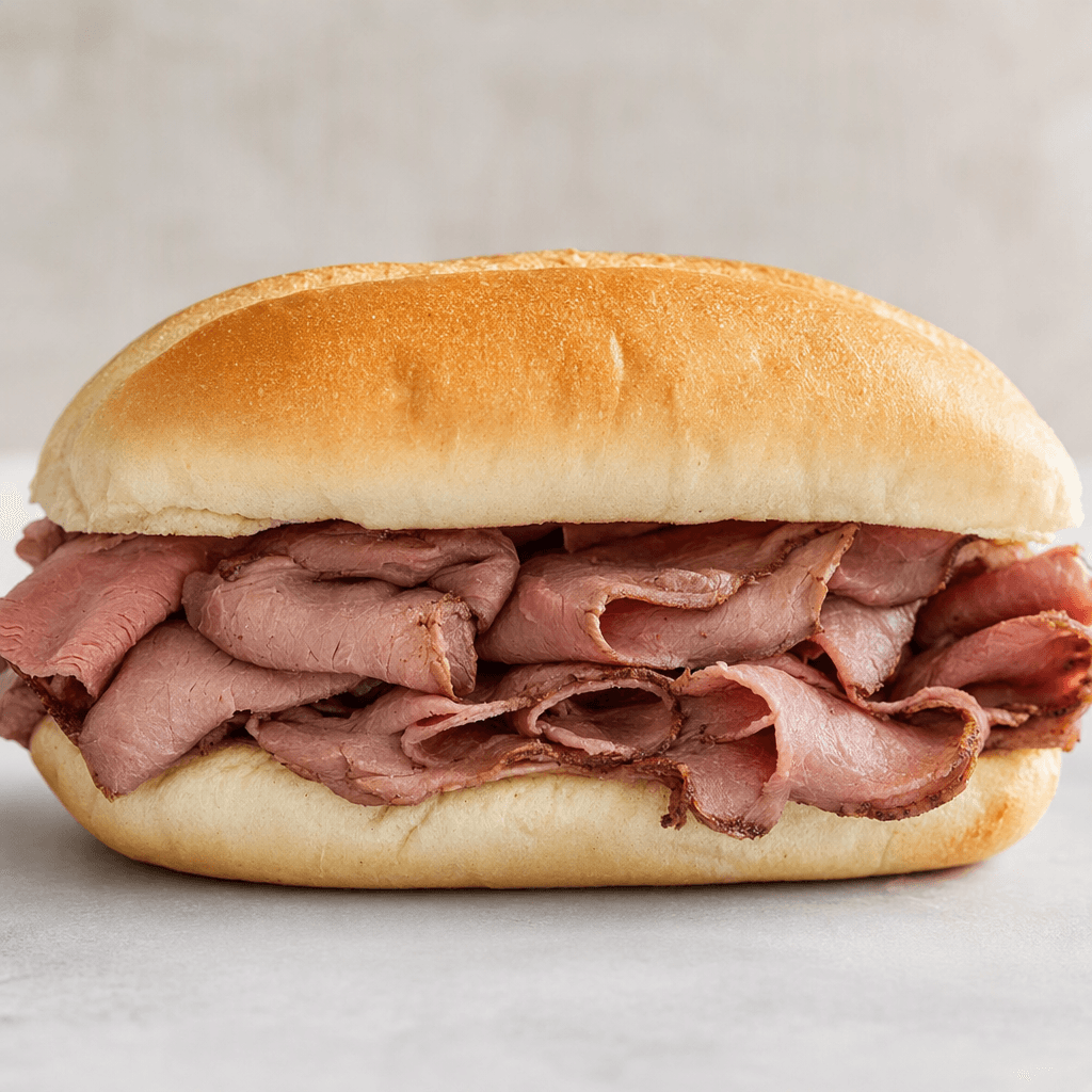 A soft, lightly browned oblong bun holds thin, folded layers of pinkish-brown roast beef that spill slightly from the sides, with no visible toppings or sauce.