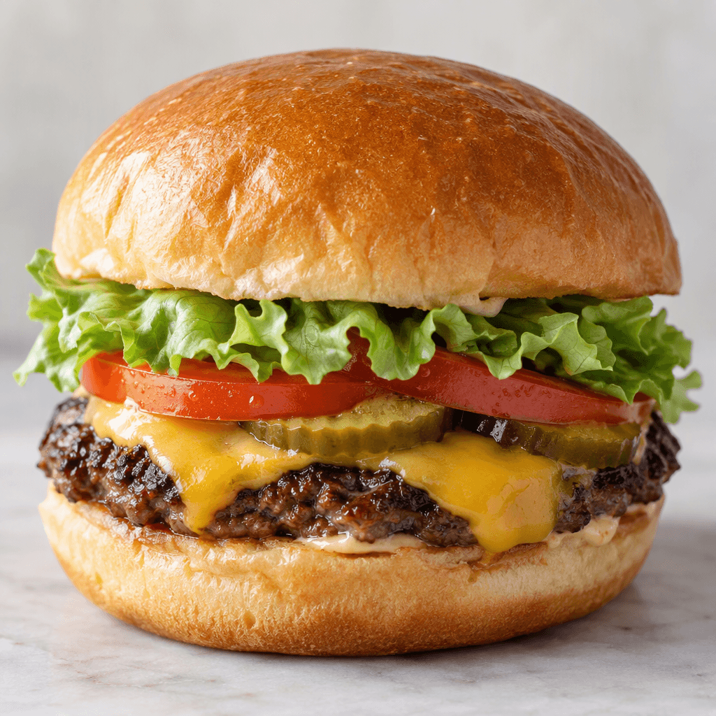 A small round burger sits in a soft, lightly browned bun, with a thin dark-browned beef patty and visible melted cheese, lettuce, tomato, and pickles peeking out around the edges.