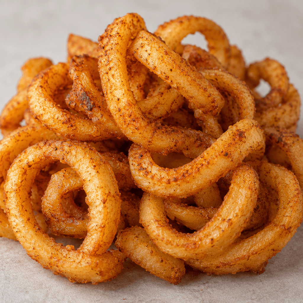 A pile of golden-brown, ridged potato strips curled into loose spirals, with a light reddish seasoning coating their surface.